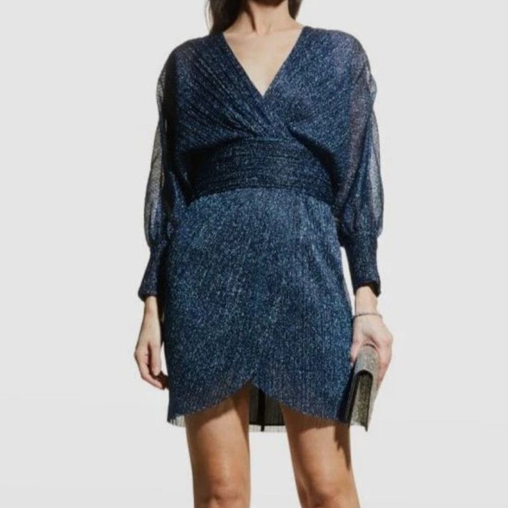 Rebecca Vallance Woman's Blue Jagger Metallic Wrap Mini Dress Size :12